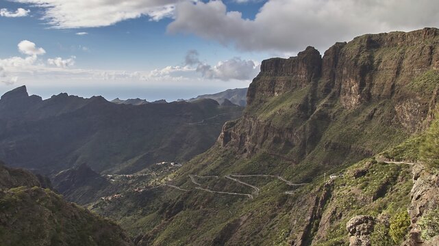 Serpentine road in impressive mountain landscape with wide views, Masca, Barranco de Masca, Gorge, Teno, Teno Mountains, Northwest Tenerife, Tenerife, Canary Islands, Spain