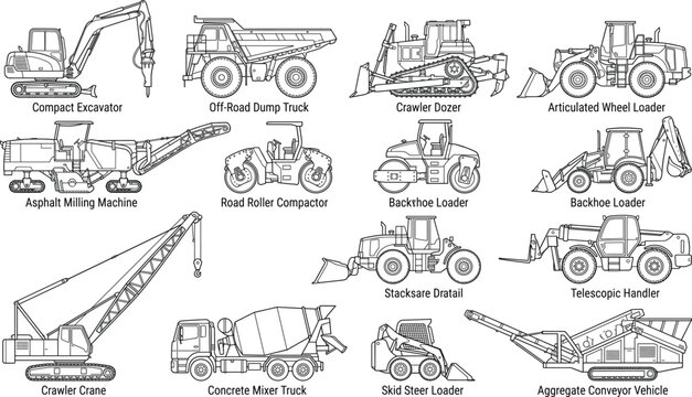 Heavy construction machinery and industrial equipment line art icon set featuring excavator crane bulldozer and trucks