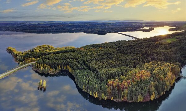 Aerial view, natural paradise Brombachsee, peninsula between Igelsbach Lake and back Gro&szlig;er Brombach Lake, back right Kleiner Brombach lake, reservoir, sunset, Franconian Lake District, Middle Franconia, Bavaria, Germany