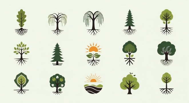 Set of stylized tree icons with roots