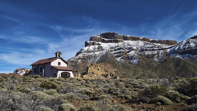 Ermita de las Nieves, A lonely church at the foot of snow-capped mountains under clear skies, Teide National Park, Teide National Park, volcano, volcanism, UNESCO World Heritage Site, Tenerife, Canary Islands, Spain