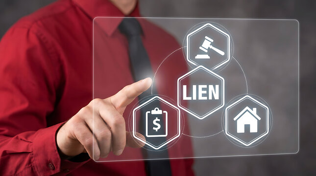 Property lien legal right concept businessman touching law icons screen