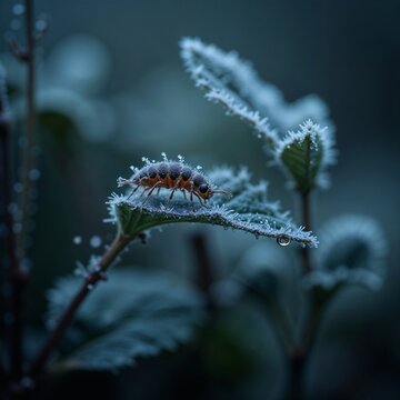 This image shows a springtail, a tiny six-legged insect covered in frost or dew drops