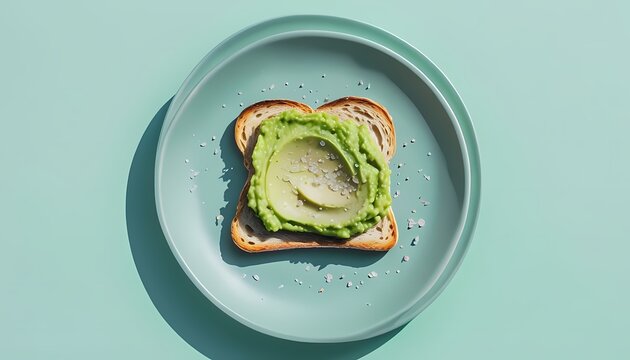 Overhead flat lay of gourmet avocado toast with sea salt on mint green plate
