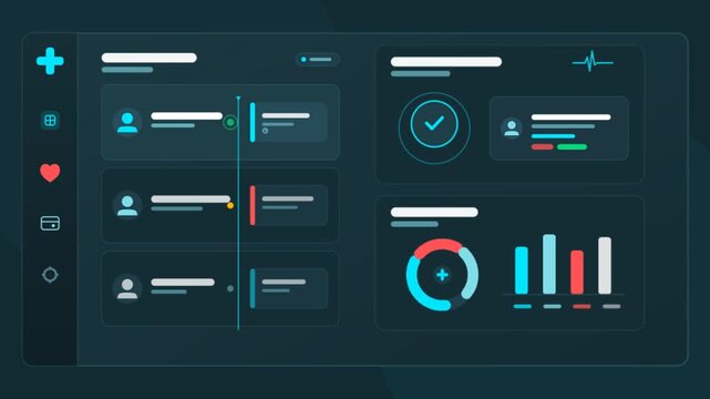 Futuristic medical dashboard interface, healthcare data visualization with digital charts and patient icons, dark blue medical UI design