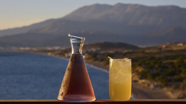 Two drinks on a railing with a view of sea and mountains at sunset, Matala, South Coast, Crete, Greek Islands, Greece