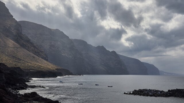 Punta de Teno, gloomy coastal landscape with dramatic clouds over the sea and rocks, Masca, Barranco de Masca, canyon, Teno, Teno Mountains, northwestern Tenerife, Tenerife, Canary Islands, Spain