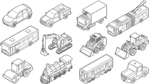 Isometric vehicle and heavy machinery line art collection for transportation logistics construction and public transit infographics