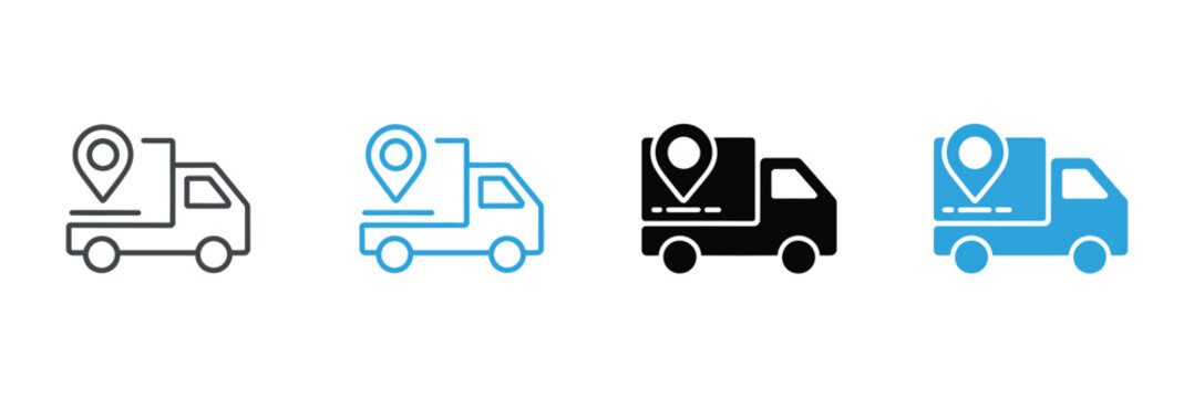 Delivery truck with location pin icon set for shipping and logistics