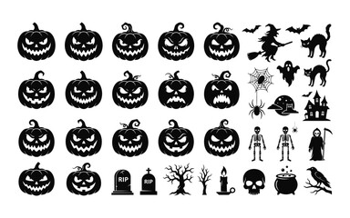 Fototapeta premium Halloween collection with pumpkins bats and spooky elements in black silhouette