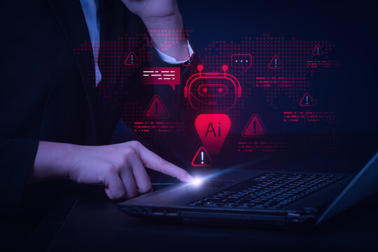 Frustrated businessman working on computer laptop experiencing red warning alert error from ai chatbot system failure on screen