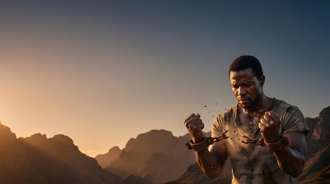 African man breaking heavy metal chains to symbolize freedom and justice