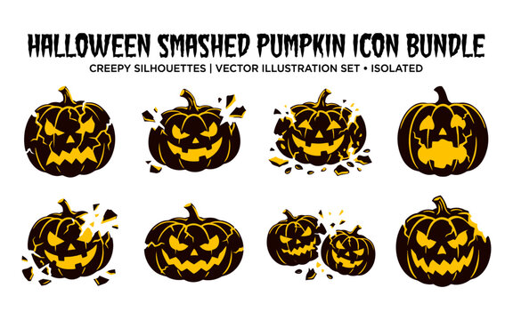Halloween smashed pumpkins icon bundle in black silhouette