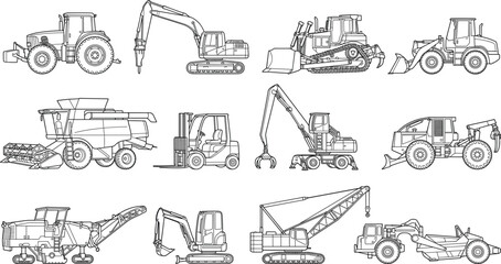 Obraz premium Professional heavy machinery and industrial equipment icon set featuring construction agriculture and forestry vehicles in line art