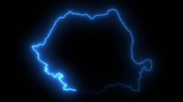 neon glowing Romania map silhouette. Animated Romania map icon with a glowing neon effect. Romania glow map illustration.4K video animation.