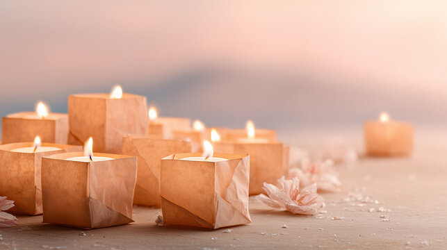 Beautiful Warm Glowing Candles Arranged for Vesak Poya Buddhist Celebration and Spiritual Meditation Mindfulness Ritual
