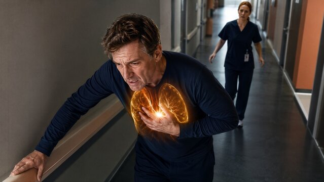 Man having heart attack feeling chest pain while nurse approaches in hospital corridor. Medical emergency symptom illustration with glowing lungs. Healthcare crisis and patient care concept.