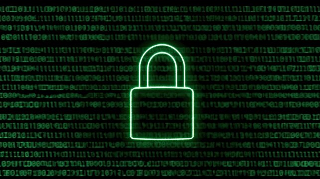 Digital Security Lock Icon Over Abstract Binary Code Background.