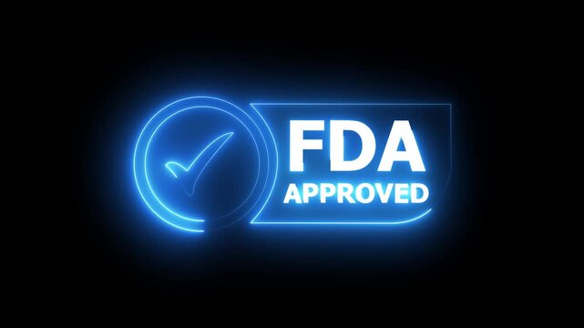 glowing neon FDA Approved icon Food and Drug Administration label. FDA Approved blue Check Mark icon. FDA Approval icon and Medical Research, Healthcare Regulation and Pharmaceutical Process.4k video