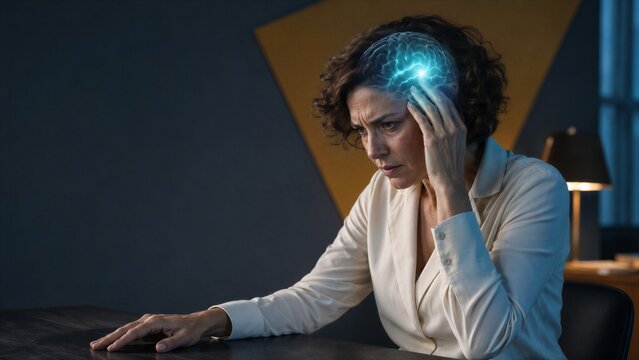 Woman suffering from migraine holding her head with glowing brain visualization. Pain concept related to cluster headache or stress. Medical health illustration of mental struggle.