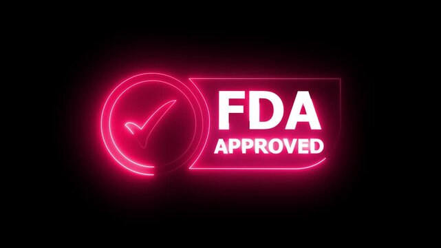 glowing neon FDA Approved icon Food and Drug Administration label. FDA Approved blue Check Mark icon. FDA Approval icon and Medical Research, Healthcare Regulation and Pharmaceutical Process.4k video