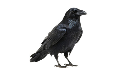 Black raven perched isolated on a white background. Full length side profile view of a wild black crow bird with dark plumage and sharp beak. © Black