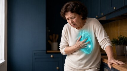 Fototapeta premium Senior woman experiencing sudden chest pain and heart attack. Suffering patient clutching her painful heart area. Medical emergency and health crisis concept for cardiology treatment care.