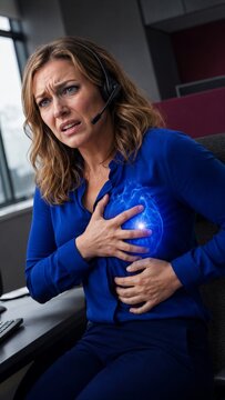 Woman office worker feeling sudden chest pain and heart attack symptoms. Employee experiencing cardiac emergency with glowing heart visualization. Health crisis in professional environment.