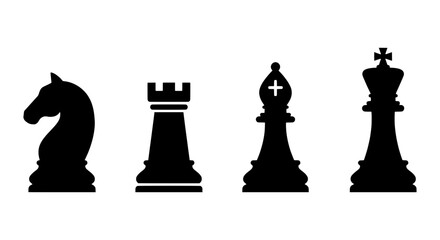 Black Chess Pieces Silhouette Set, Strategy Game Icons, King, Queen, Knight, Rook, Bishop, Pawn, Vector © MR
