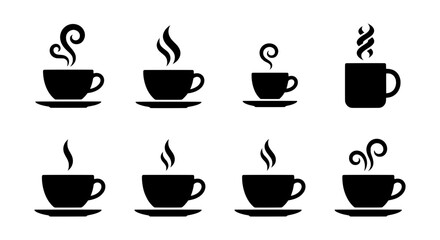 Fototapeta premium Hot Coffee Cup Icons Set, Steaming Beverage Mugs, Warm Drink Symbols, Cafe Collection