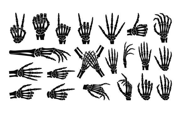 Collection of black skeleton hands and bones in various poses halloween silhouette