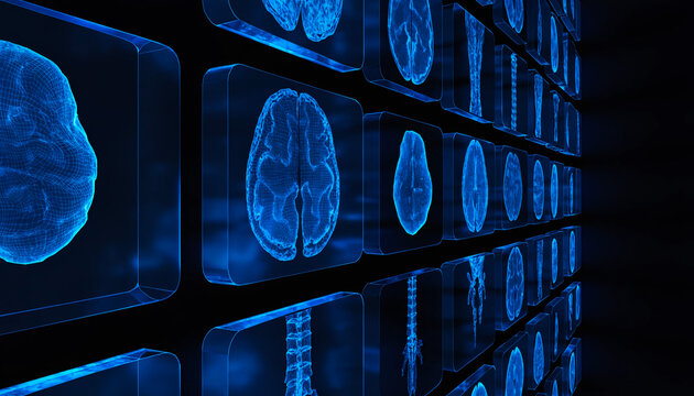 Human brain MRI scans on digital display. Medical diagnostic imaging of neural activity.