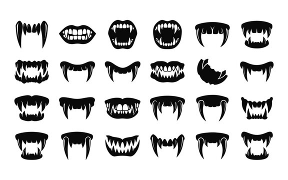 Collection of various vampire teeth silhouettes on a white background silhouette