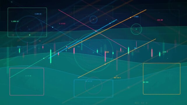 Abstract Digital Financial Data Visualization with Moving Charts and Futuristic HUD Interface Elements