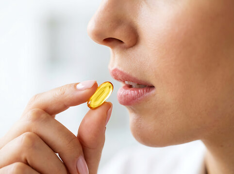 Woman holding omega-3 softgel capsule in mouth hand