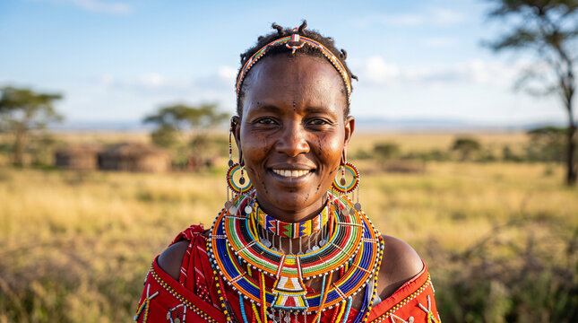 Portrait of a maasai woman wearing traditional colorful beaded jewelry and red clothing ad social media download thambnail poster web template event festival 2026 2027 2028