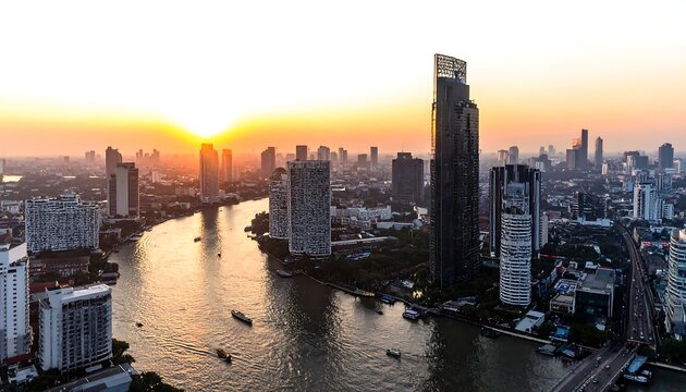 Aerial view of a city at sunset with a river running through it, high-rise buildings, and boats