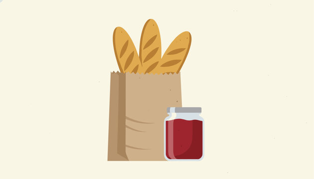 Fresh baked baguettes in brown paper bag resting next to glass jar of sweet red strawberry jam on clean background.