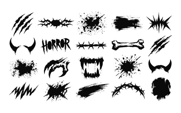 Halloween horror elements collection with claw marks bones and teeth silhouette