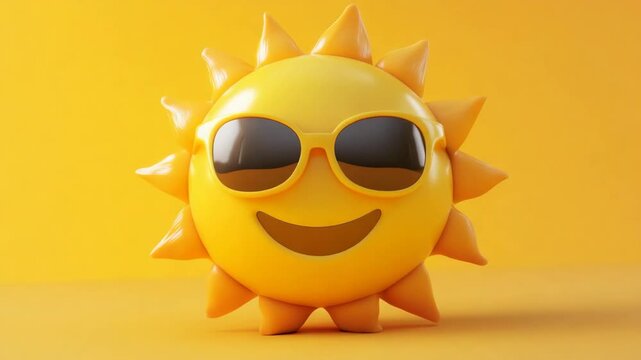 Smiling 3d sun character wearing sunglasses and sending a kiss, expressing happiness and joy on a yellow background, looping animation of a cute summer weather symbol