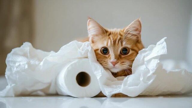 Curious ginger cat with big eyes playfully hiding among rolls of torn toilet paper. Naughty pet behavior and cute kitten making a mess with household items
