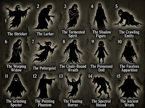 Collection of scary silhouettes featuring a halloween goast and various dark spectral entities for spooky holiday design projects and horror themed graphic illustrations
