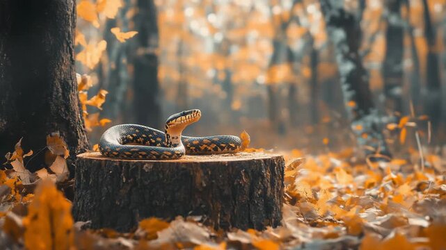 Python resting on a tree stump in a magical autumn forest with golden leaves and sun rays, showcasing the reptile's majestic beauty in its natural habitat during fall