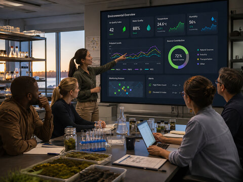 Diverse scientific team analyzing environmental data on a digital screen in a laboratory
