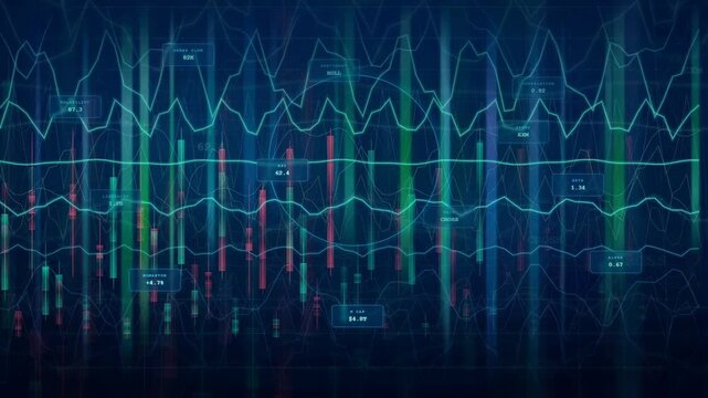 Abstract digital financial stock market data visualization with fluctuating blue and green trading charts