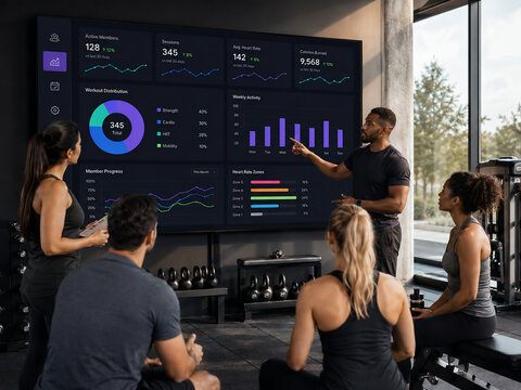 Fitness coach presenting workout data analytics to a group in a modern gym