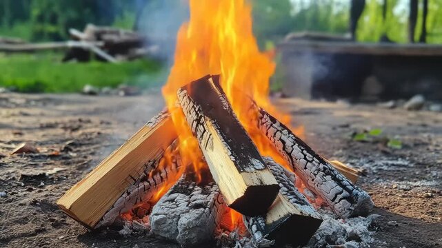 Outdoor bonfire with burning logs creating a bright orange flame and smoke in a camping area with a green forest background for warmth, cooking, and relaxation