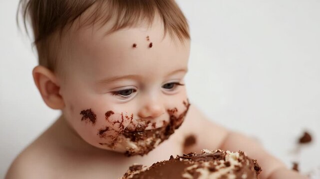 Adorable smiling baby with a messy chocolate face eating birthday cake during a cake smash photoshoot isolated on a white background, celebrating first birthday party