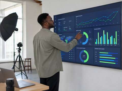 Professional man analyzing business data dashboard on large wall screen in creative office studio