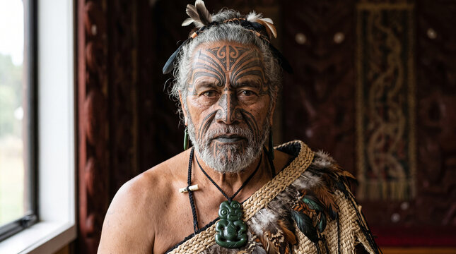 Portrait of an elderly maori man with traditional facial moko tattoos, wearing a woven flax ad social media download thambnail poster web template event festival 2026 2027 2028